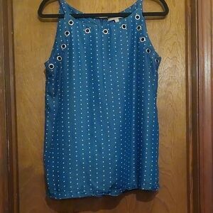 NWOT, Chic Blue Polka Dot Tank Top with Silver Eyelets P2P 19', 100% Lyocell